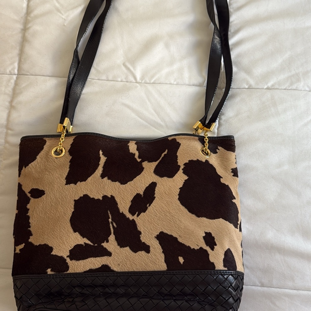 Bottega Veneta animal hide & leather weave Black and Cream Shoulder Bag- GENUINE